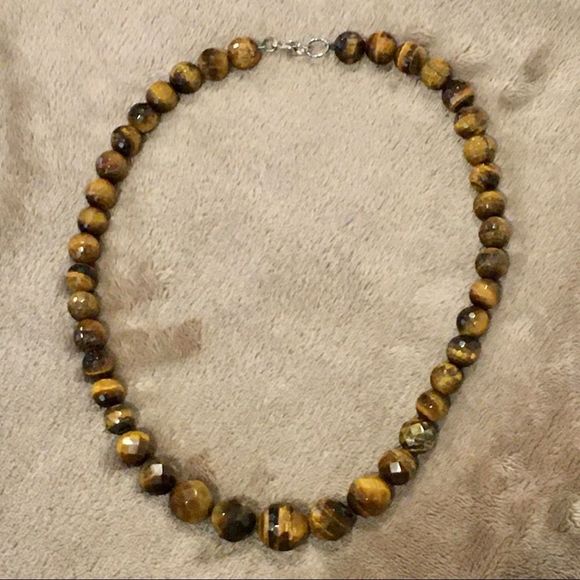 VINTAGE Sterling Silver Faceted Tigers Eye Necklace - Picture 2 of 11